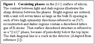 Text Box: Figure 1.  Coexisting phases on the (111) surface of silicon.  The contrast between light and dark regions illustrates the sharp division between the phases.  Bright regions are ordered, with a unit cell seven times as large as the bulk Si spacing in each of two high symmetry directions-referred to as (7x7) reconstructed-and darker regions contain a disordered lattice gas of Si atoms.  That surface disordered structure is referred to as a �(1x1)� phase, because of periodicity below the top layer.  The dark diagonal line is a crack in the detector. (Adapted from reference [1]).



