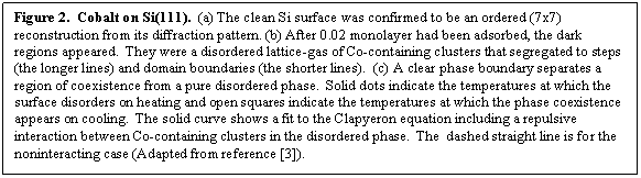 Text Box: Figure 2.  Cobalt on Si(111).  (a) The clean Si surface was confirmed to be an ordered (7x7) reconstruction from its diffraction pattern. (b) After 0.02 monolayer had been adsorbed, the dark regions appeared.  They were a disordered lattice-gas of Co-containing clusters that segregated to steps (the longer lines) and domain boundaries (the shorter lines).  (c) A clear phase boundary separates a region of coexistence from a pure disordered phase.  Solid dots indicate the temperatures at which the surface disorders on heating and open squares indicate the temperatures at which the phase coexistence appears on cooling.  The solid curve shows a fit to the Clapyeron equation including a repulsive interaction between Co-containing clusters in the disordered phase.  The  dashed straight line is for the noninteracting case (Adapted from reference [3]).